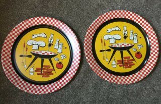 2 Vintage Barbecue Tin Serving Trays Mid Century Modern W Atomic Age Grill