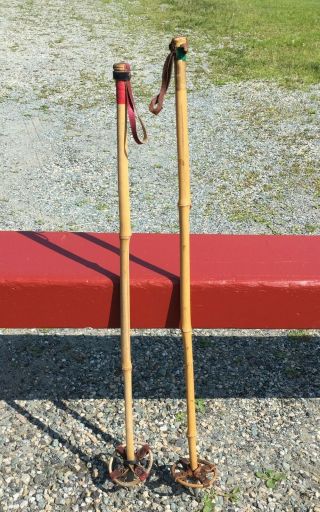 Vintage Bamboo Ski Poles 33 " Snow Skis W/ Leather Baskets 124