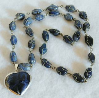 Vintage Lapis Lazuli Sterling Silver Wrapped Wire W/ Heart Pendant