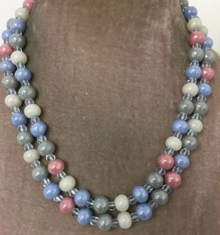 Vintage Jewellery Gorgeous Twin Stranded Signed Pastel Glass Bead Necklace