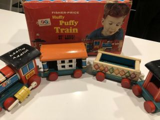 Outstanding 1963 Vintage Fisher Price 999 Huffy Puffy 4 Pc Wooden Train And Box