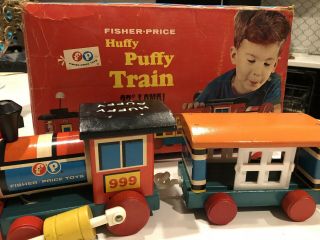 OUTSTANDING 1963 Vintage Fisher Price 999 HUFFY PUFFY 4 pc Wooden Train And Box 2