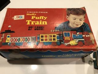 OUTSTANDING 1963 Vintage Fisher Price 999 HUFFY PUFFY 4 pc Wooden Train And Box 8