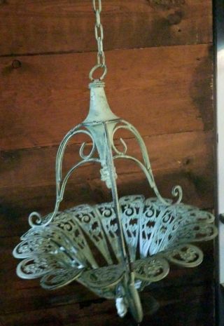Vintage Iron Hanging Basket Planter French Scroll 13 " Floral Design