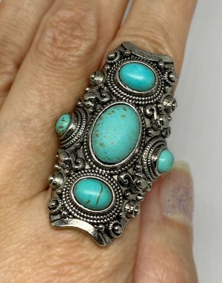 Vintage Turquoise Silver Huge Ethnic/ancient Persian/babylon Fashion Ring Sz - 9