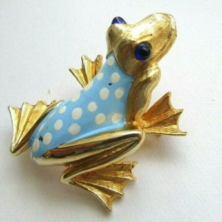 Oleg Cassini 1964 Vintage Baby Blue Polka - Dot Enamel Frog Brooch Pin