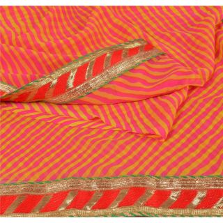 Sanskriti Vintage Peach Saree Printed Leheria Georgette Sari Craft 5 Yd Fabric
