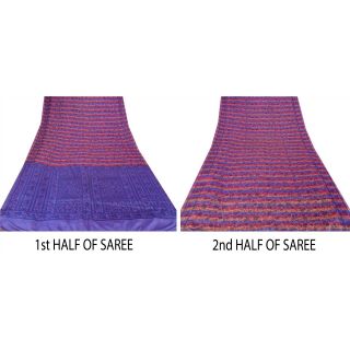 Sanskriti Vintage Blue Saree 100 Pure Silk Printed Sari 5 Yd Fabric Decor Craft 5
