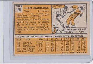 1963 Topps 440 Juan Marichal San Francisco Giants Vintage Baseball Card 2