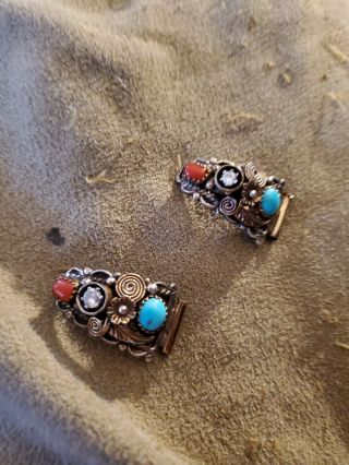 Vintage Navajo Sterling Silver,  Turquoise & Coral Watch Band Tips Signed C