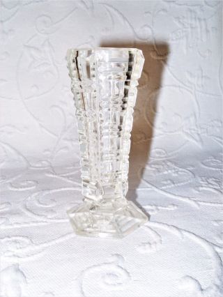 Vintage Depression Era Rectangular Design Cut Glass Crystal Flower Bud Vase Euc