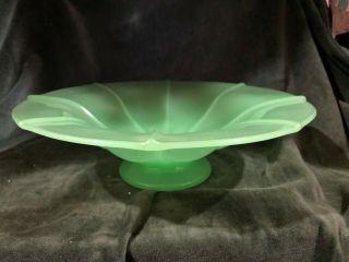 Vintage Frosted Satin Green Glass Pedestal Fruit/candy Dish Size 11 " Diameter