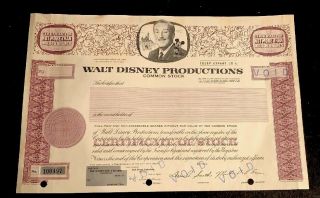 Walt Disney Productions,  Vintage Unissued,  Cancelled Stock Certificate