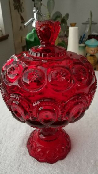 Vtg L E Smith Ruby Red Moon And Stars Covered Footed Dish
