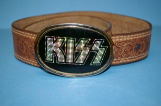 Vintage Kiss 1977 Pacifica Prismatic Logo Belt Buckle On Tooled Leather Belt 28