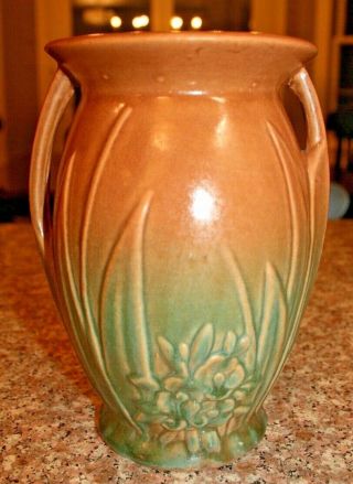 Vintage Mccoy Pottery 8 " Green And Brown Handled Vase W/leaf And Flower Pattern