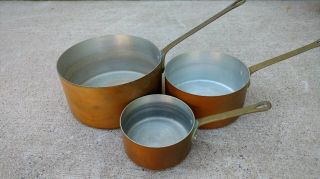 Set Of 3 Vintage Copper Brass Pans 8 X 4 6 1/2 X 3 3/4 4 3/4 X 2 1/2