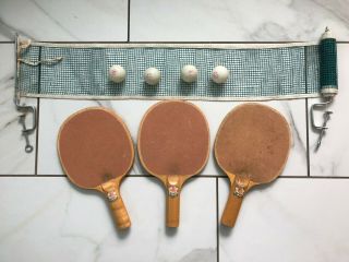 Vintage Knight Ping Pong Table Tennis Paddles And Net