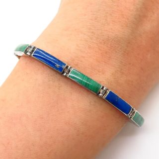 980 Silver Vintage Real Malachite & Lapis Lazuli Gem Bar Link Bracelet 6 3/4 "