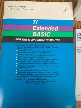 TI 99/4A Extended BASIC Command Module and Reference Book - PHM 3026 3