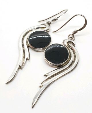 Vintage Signed 925 Sterling Silver Black Onyx Modernist Wing Dangle Earrings