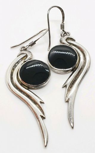 Vintage Signed 925 Sterling Silver Black Onyx Modernist Wing Dangle Earrings 2