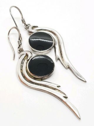 Vintage Signed 925 Sterling Silver Black Onyx Modernist Wing Dangle Earrings 3
