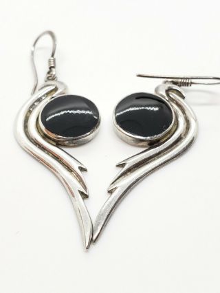 Vintage Signed 925 Sterling Silver Black Onyx Modernist Wing Dangle Earrings 4