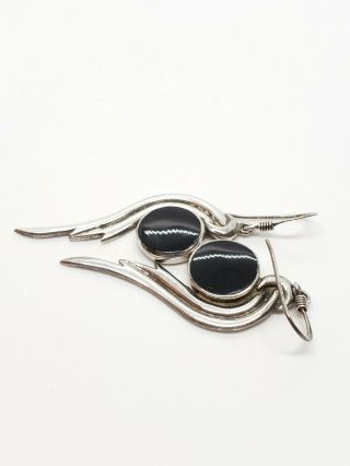 Vintage Signed 925 Sterling Silver Black Onyx Modernist Wing Dangle Earrings 5