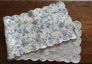 Vintage Quilted Reversible 14”x 51 " Table Runner Blue & Ivory