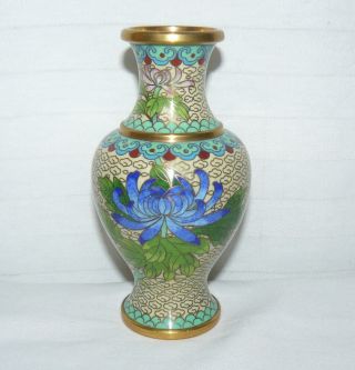 Vintage Cloisonne Enamel Over Brass 5 " Vase Light Green Blue Floral Theme