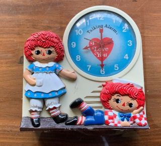 Vintage 1974 Equity Janex Raggedy Ann & Andy Talking Alarm Clock I Love You