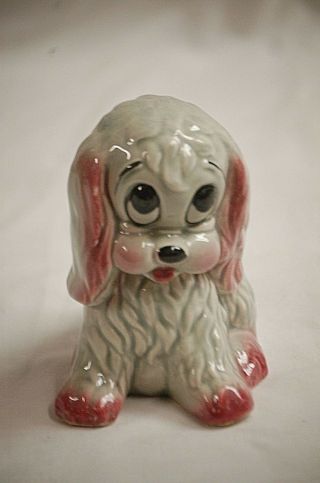 Old Vintage Sad Eyed Puppy Dog Figurine Planter Gray & Pink Shelf Decor Mcm