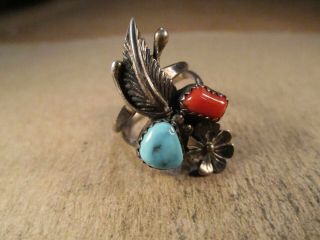 Vintage Sterling Silver & Turquoise/coral Ring,  Unsigned,  Size 6.  75,  5g