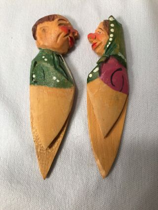 Vintage Anri Hand Carved Wooden Bookmarks Man & Woman Couple Profile 3.  25 " L