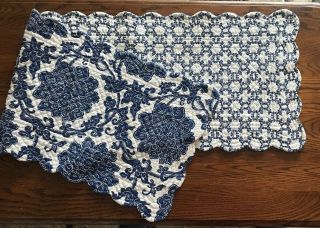 Vintage Double Sided Table Runner 14”x 51” Blue & White Quilted Fabric
