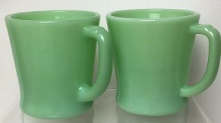 Vintage Fire King Jadite Oven Ware D Handle Coffee Mugs Green Tea Cups Set Of 2