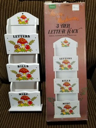 Vtg 70s Sears Merry Mushroom 3 - Slot Wood Letter Bill Mail Wall Holder Orig.  Box