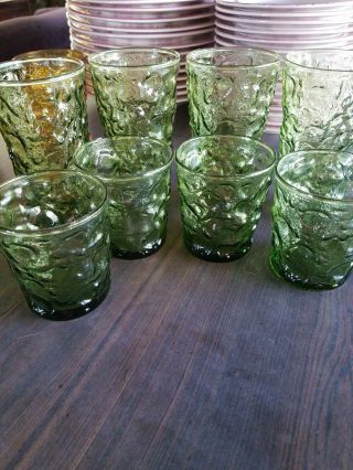 8 Vintage 1970’s Avocado Green Crinkle Textured Drinking Juice Short Glasses
