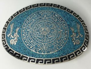 Vintage Mexico Taxco Silver And Turquoise Aztec Calendar Oval Belt Buckle