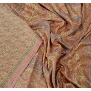 Sanskriti Vintage Cream Saree Pure Silk Printed Sari Craft 5 Yard Soft Fabric