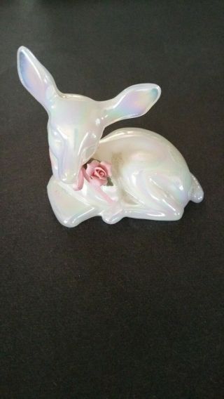 Vintage Fenton Opalescent White Glass Deer Fawn With Pink Rose Ribbon Accent
