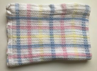 Vintage Pastel Pink Blue Yellow White Plaid Baby Blanket Cotton Flaws 50 X 35 "