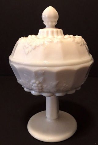Vintage Westmoreland Milk Glass Paneled Grape Pedestal Candy Dish With Lid