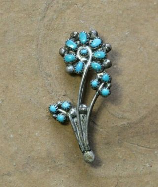 Vintage Navajo Or Zuni Sterling Silver Turquoise Petite Point Flower Brooch