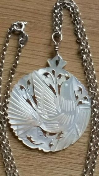 Vintage Carved Mother Of Pearl Pendant Necklace On 925 Silver Chain