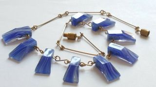 Czech Vintage Art Deco Swirled Blue Glass Bead Necklace Rolled Gold Wire