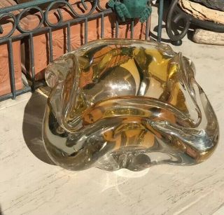 Vtg Mid Century Murano Style Yellow Clear Blown Art Glass Bowl Ashtray Over 4lbs