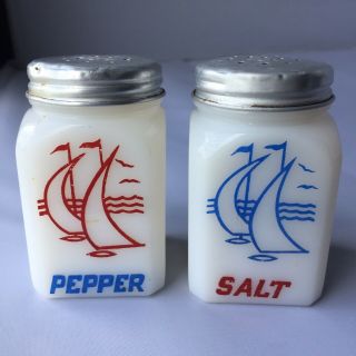 Vintage White Milk Glass Salt & Pepper Shakers Red/blue Sailboats W/lids
