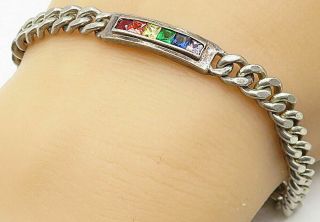 925 Silver - Vintage Rainbow Colored Gemstones Curb Link Chain Bracelet - B4628